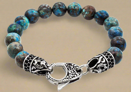 Men's Genuine Apatite Stainless Steel Beaded Bracelet