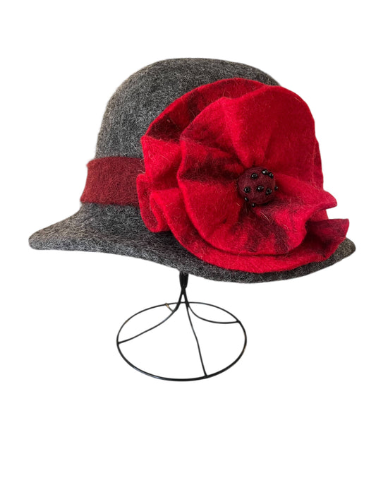 Handcrafted Gray Merino Wool Hat with Red Flower - Fair Trade Nepal Artisan