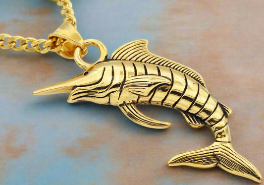 Men's gold stainless steel swordfish pendant necklace