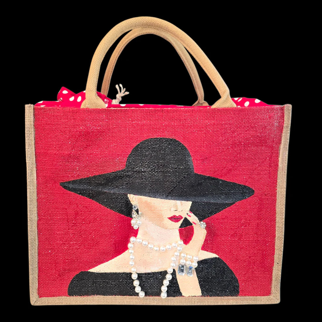 Elegant Lady in Black Tote Bag on Red Jute - Hand Painted