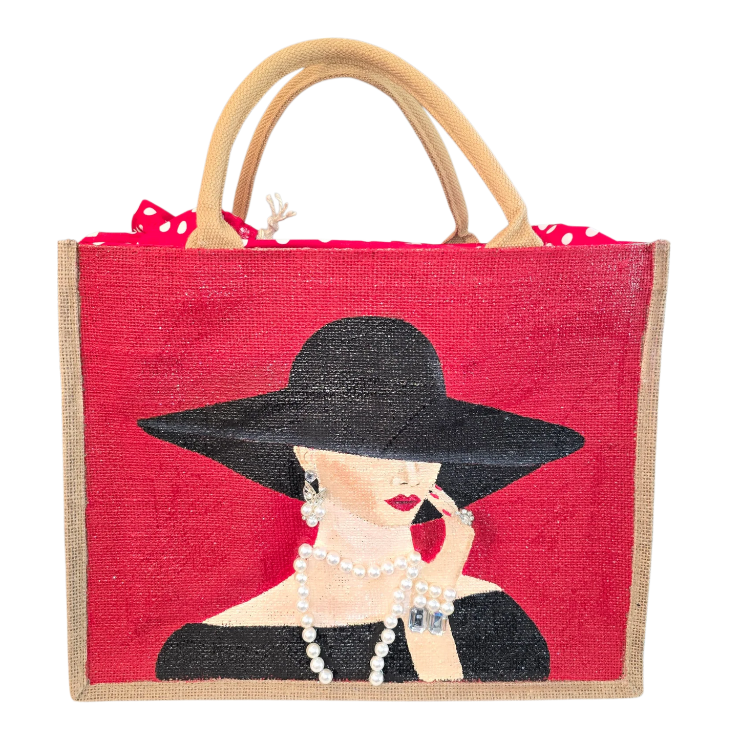 Elegant Lady in Black Tote Bag on Red Jute - Hand Painted