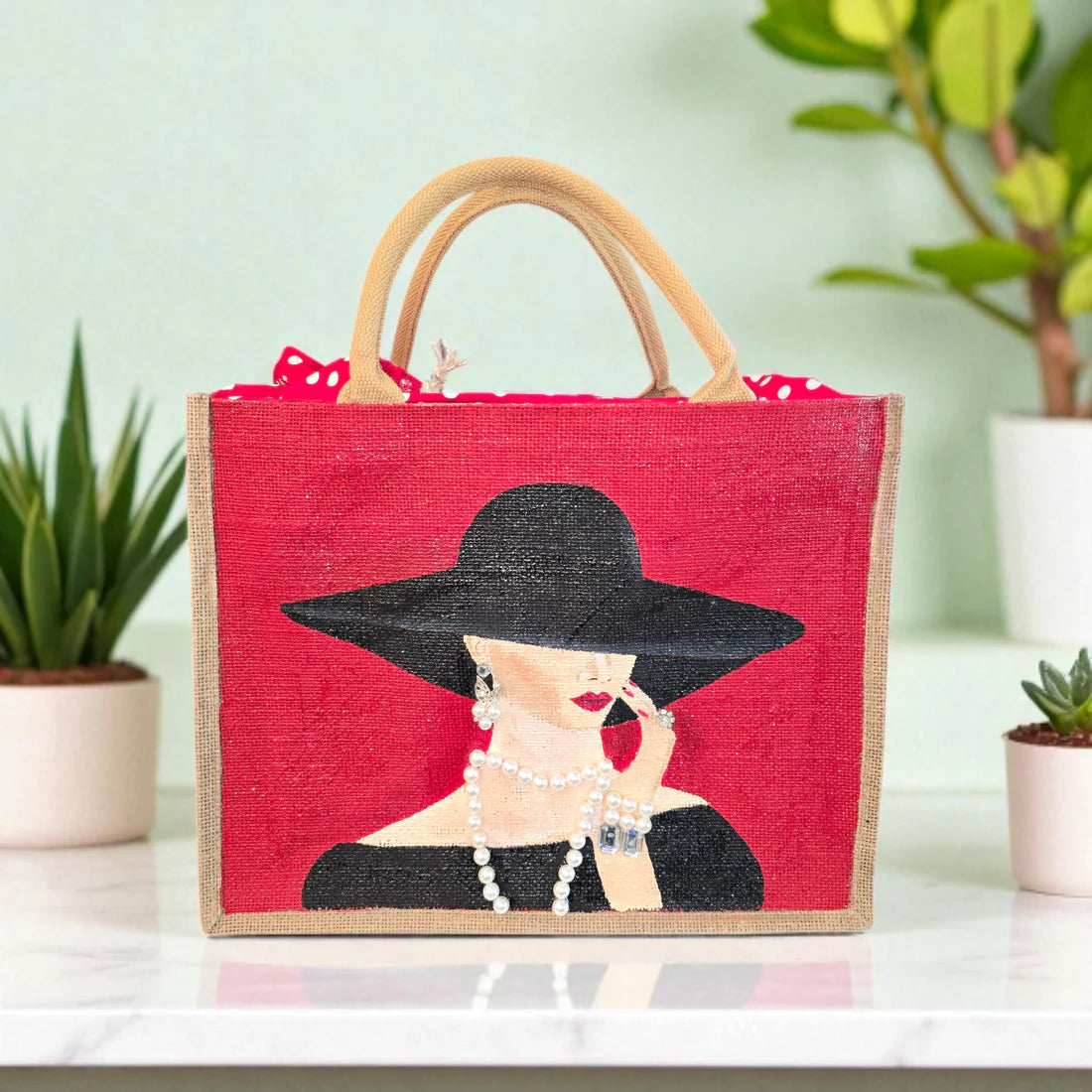 Elegant Lady in Black Tote Bag on Red Jute - Hand Painted