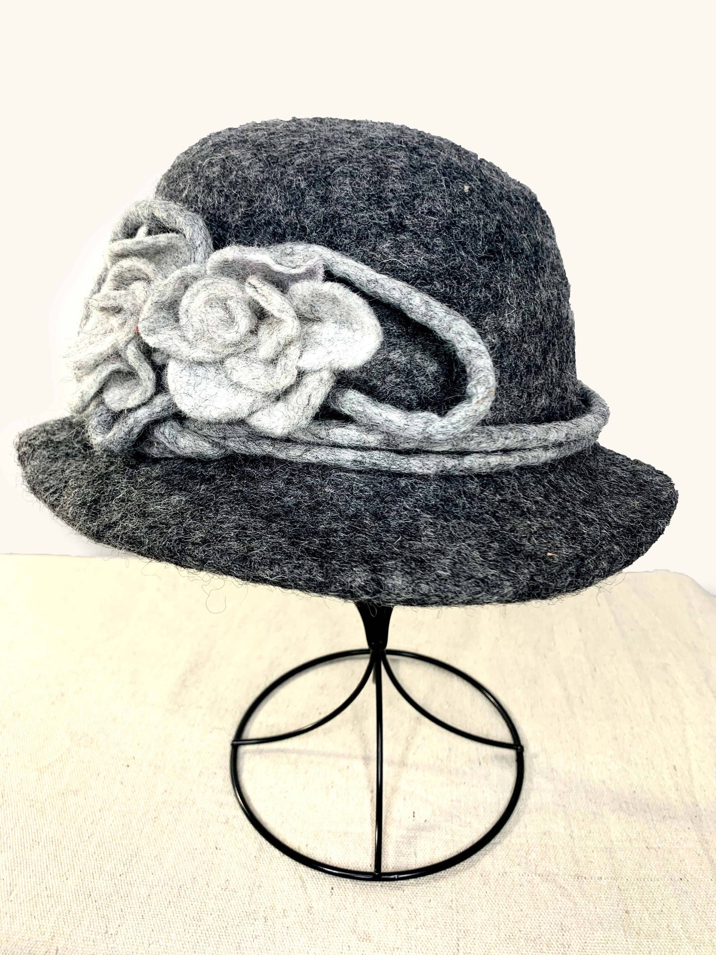 Handcrafted Charcoal Merino Wool Hat with Gray Flower - Fair Trade Trade Artisan Nepal