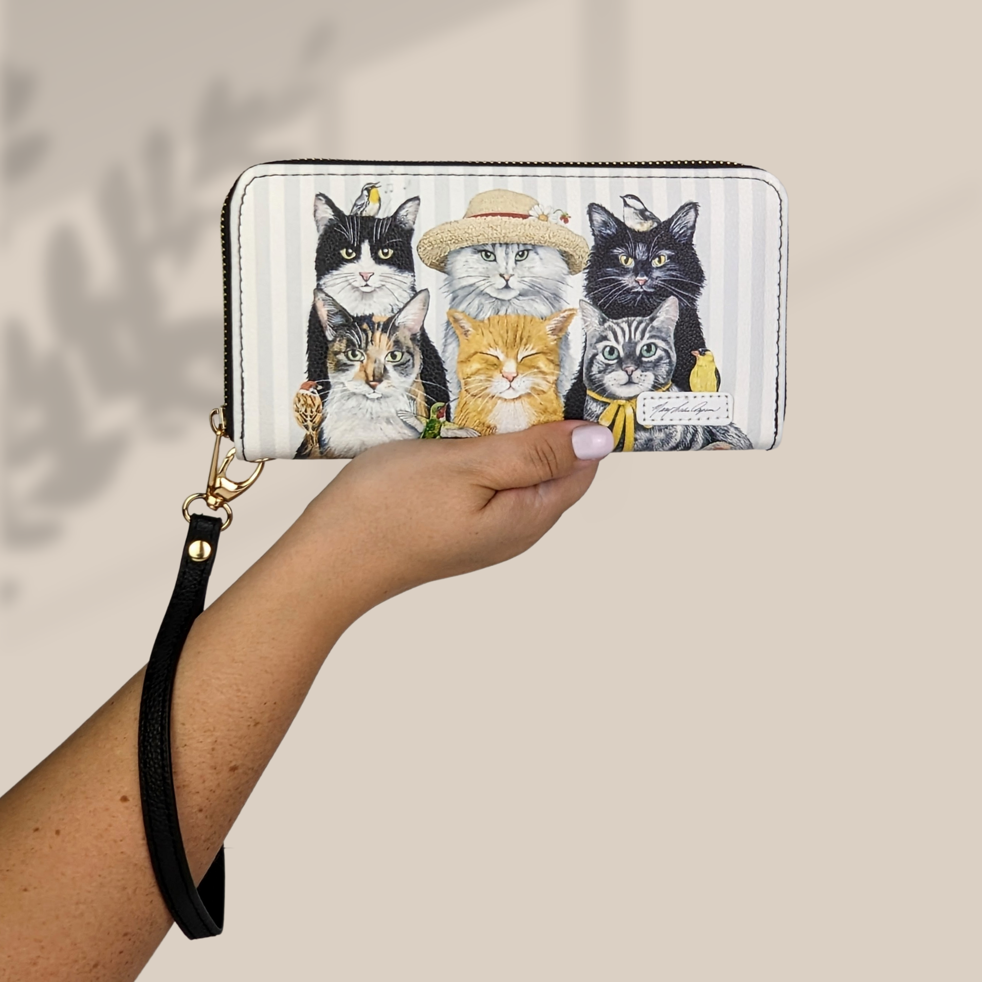 Mary Lake Thompson Cats Wristlet Wallet featuring artistic cat design on textured vegan leather with multiple compartments and removable wrist strap