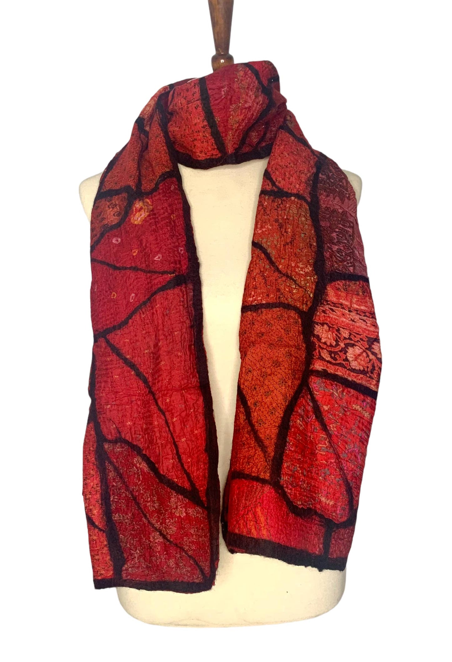 Handcrafted Red Sari Patchwork Merino Wool Scarf - Fair Trade Nepal Artisan