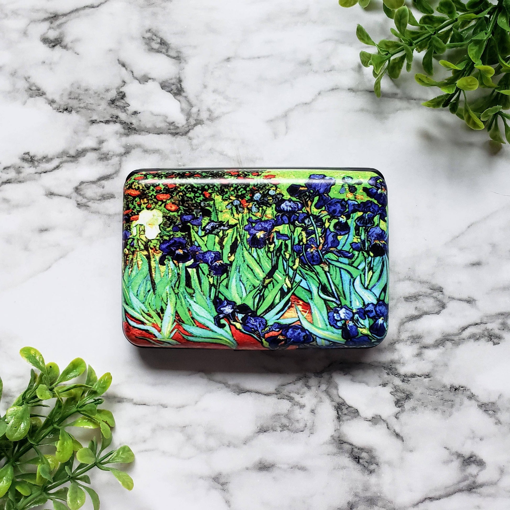 Van Gogh Irises Armored Wallet featuring the famous painting on aluminum exterior with RFID protection and compact design"