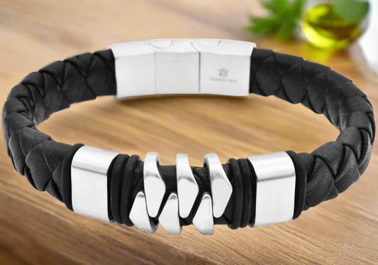Men's black leather bracelet with stainless steel magnetic clasp