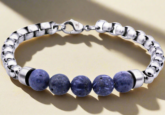 Men's Genuine Blue Coral Stainless Steel Beaded Bracelet