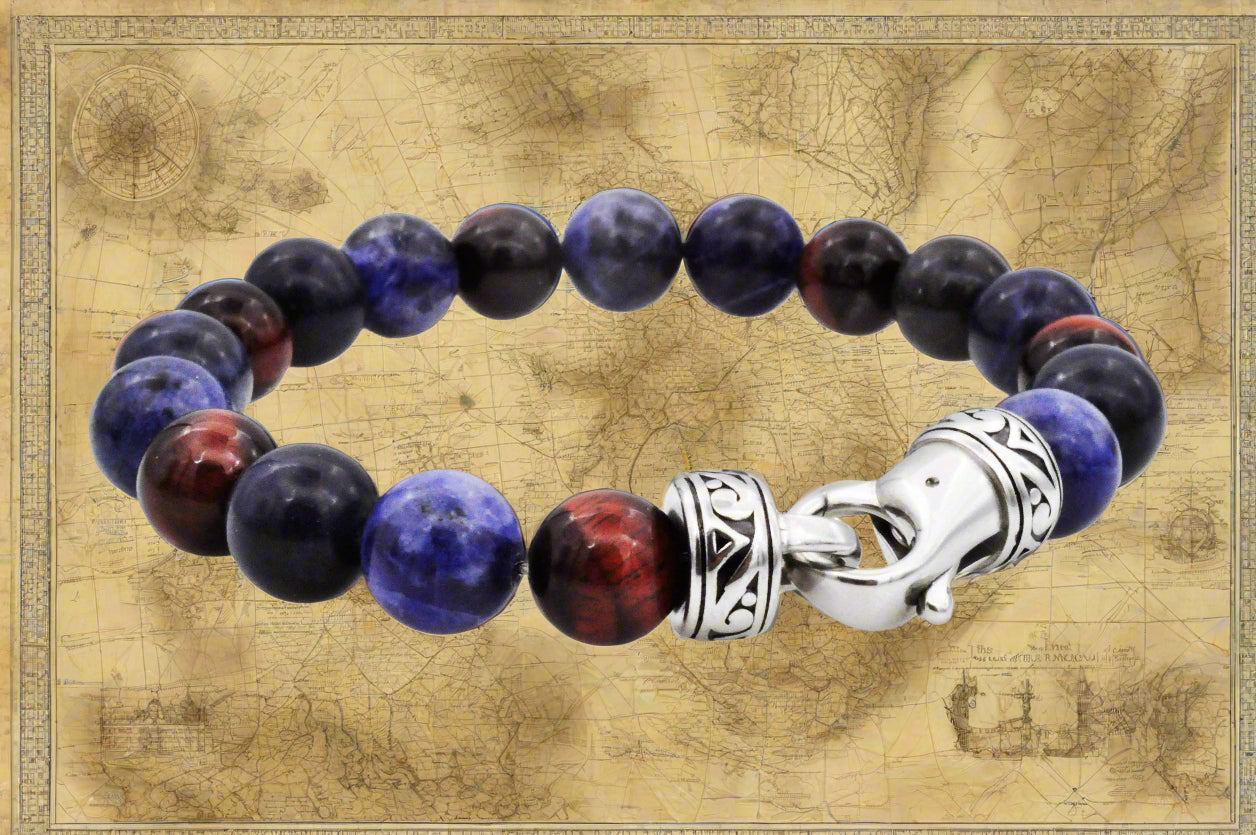 Men's sodalite and red tiger eye beaded bracelet with stainless steel