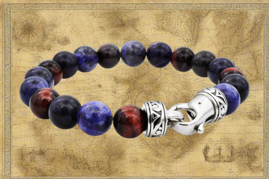 Men's sodalite and red tiger eye beaded bracelet with stainless steel