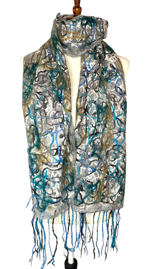 Handcrafted Pollock Inspired Merino Wool Scarf - Fair Trade Nepal Artisan