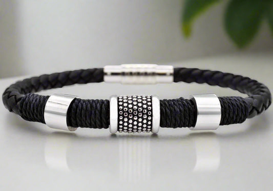 Men's black leather bracelet with stainless steel magnetic clasp"