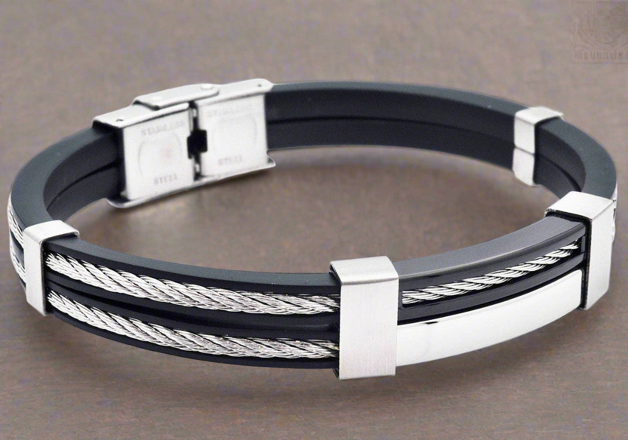 Men's stainless steel and black silicone bangle bracelet