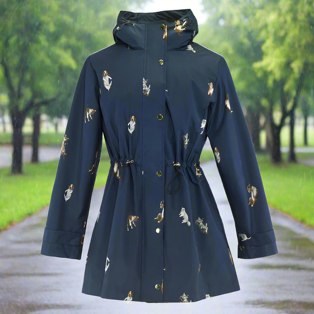 Navy blue raincoat with cats and dogs pattern on a park scene