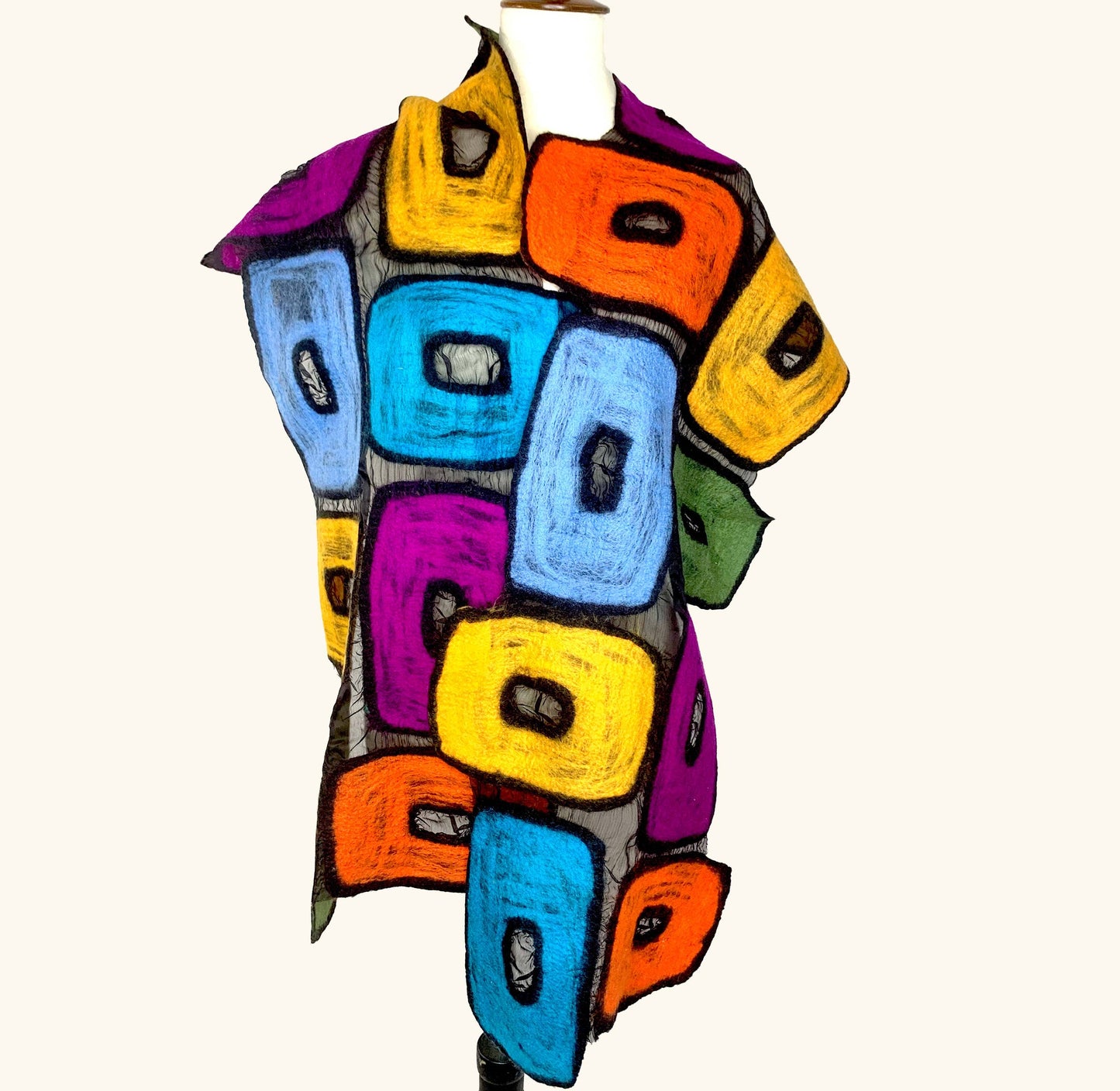 Hand Made Colorful abstract-patterned scarf displayed on a white background