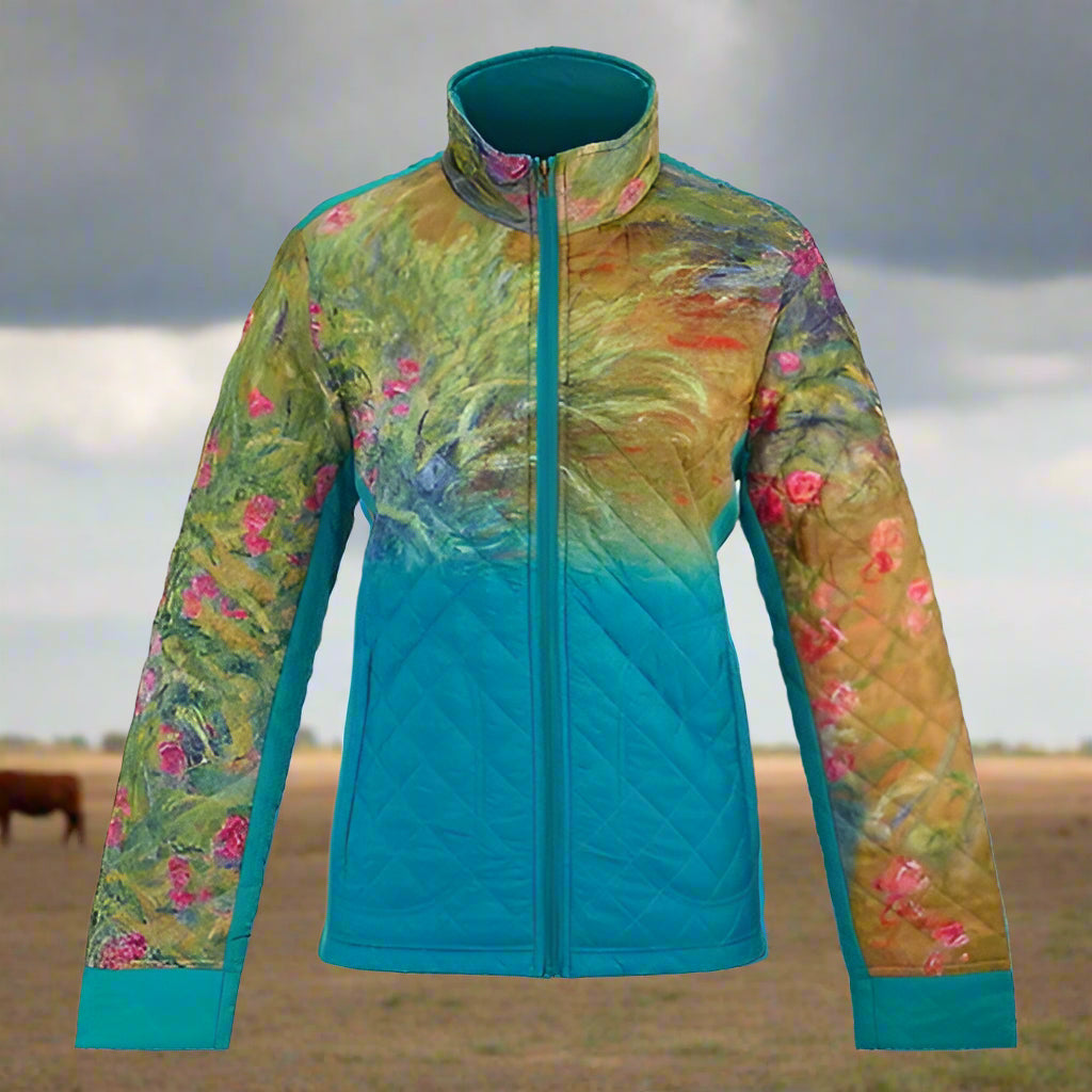 Colorful quilted jacket with floral iris pattern on a teal background