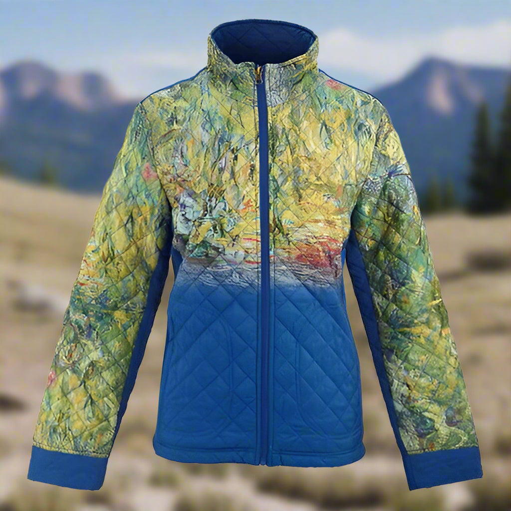 Colorful jacket with a blue quilted design on a white background