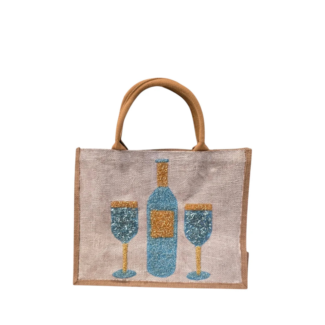 Wine Tote Bag on Off White Jute - Hand Painted & Beaded Market Bag