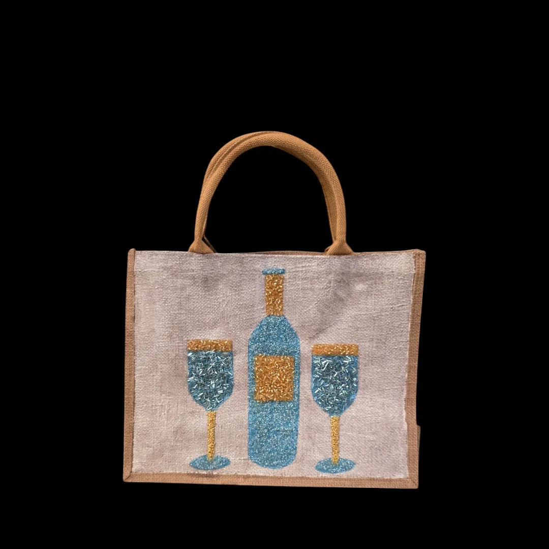 Wine Tote Bag on Off White Jute - Hand Painted & Beaded Market Bag