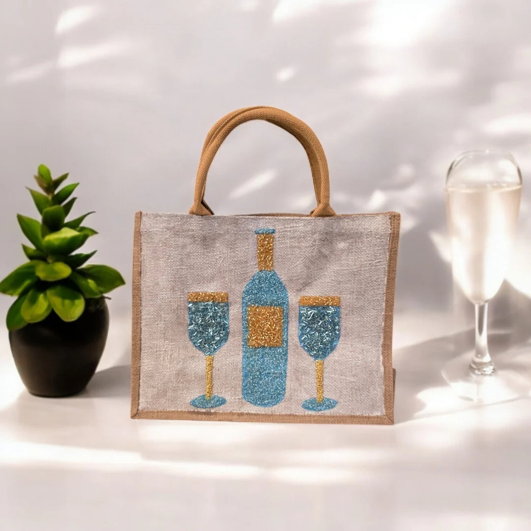 Wine Tote Bag on Off White Jute - Hand Painted & Beaded Market Bag