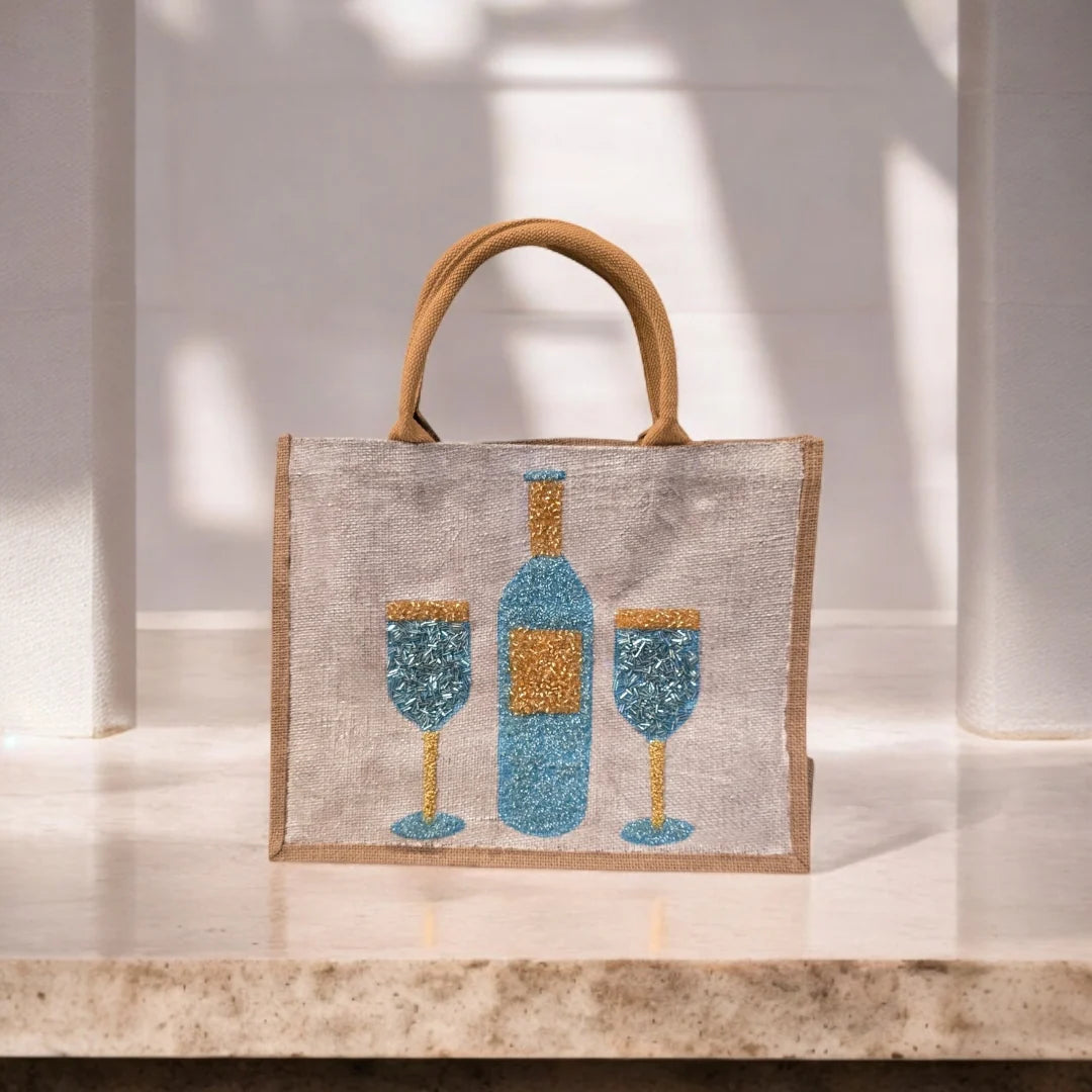 Wine Tote Bag on Off White Jute - Hand Painted & Beaded Market Bag