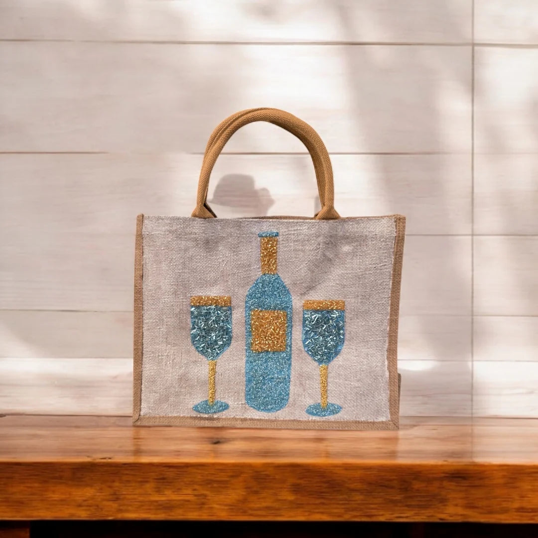 Wine Tote Bag on Off White Jute - Hand Painted & Beaded Market Bag
