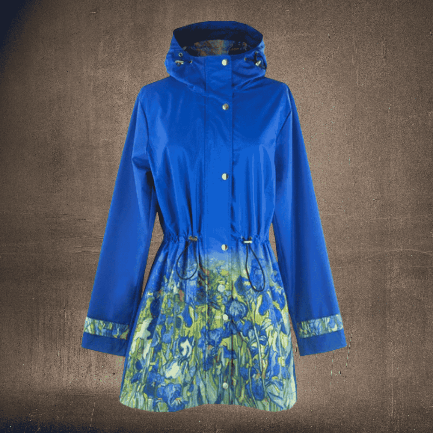 Blue raincoat with floral patterned skirt on a brown background