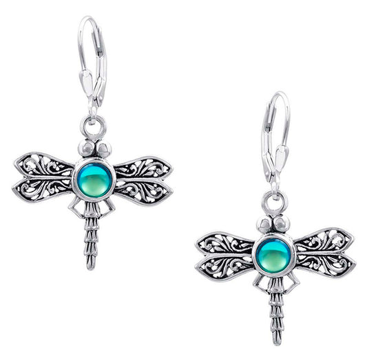 Aqua Crystal Sterling Silver Dragonfly Earrings
