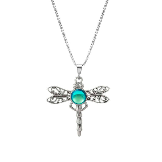 Aqua Crystal Sterling Silver Small Dragonfly Necklace