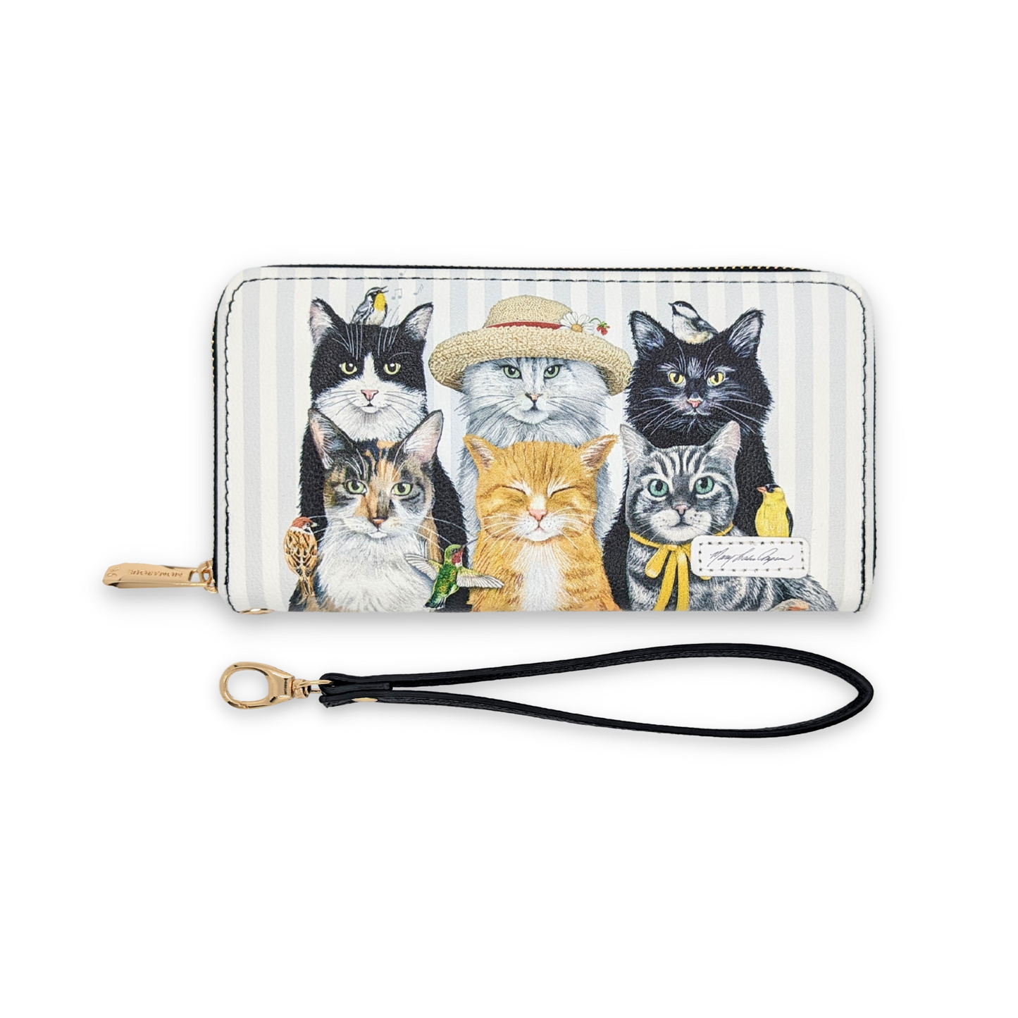 Mary Lake Thompson Cats Wristlet Wallet featuring artistic cat design on textured vegan leather with multiple compartments and removable wrist strap