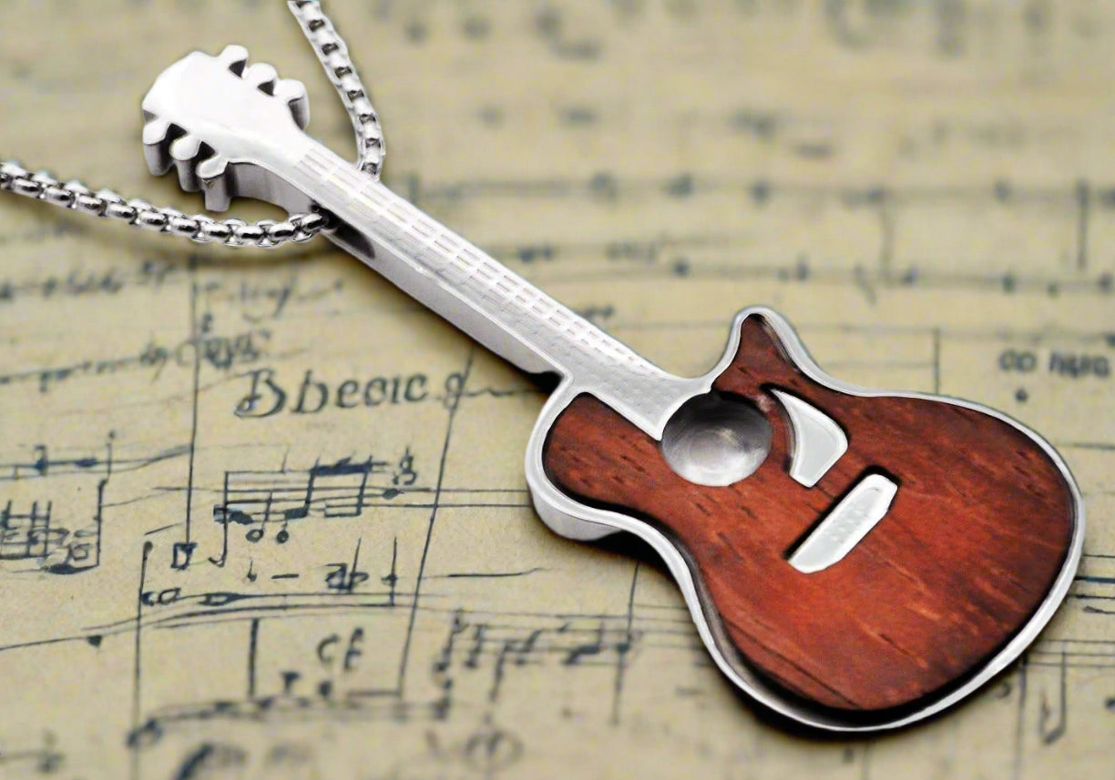 Men's Genuine Wood Stainless Steel Guitar Pendant With Chain