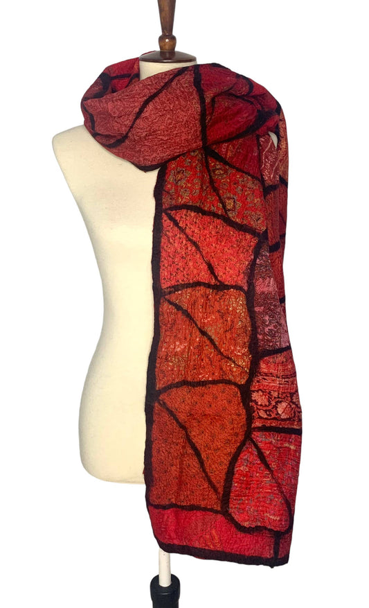Handcrafted Red Sari Patchwork Merino Wool Scarf - Fair Trade Nepal Artisan