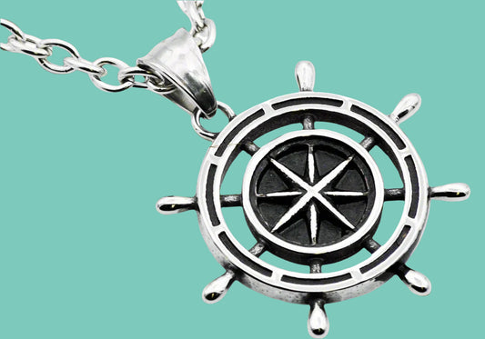 Men's Stainless Steel Ship Helm Pendant Necklace