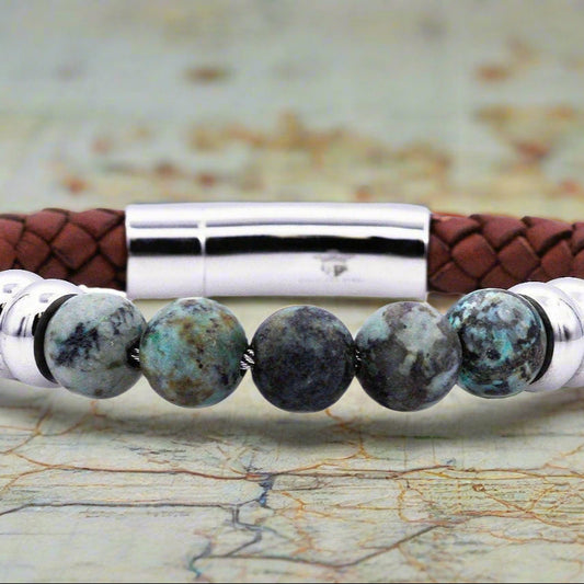 Men's Genuine African Turquoise And Brown Leather Stainless Steel Beaded Bracelet