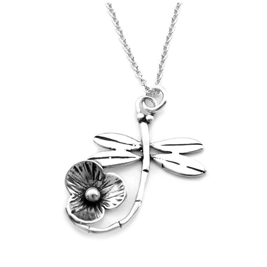 Silver Floral Dragonfly Necklace - Made in the USA