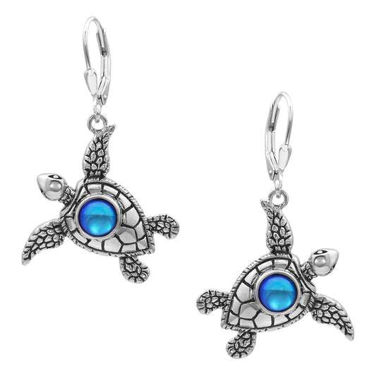 Blue Crystal Sterling Silver Sea Turtle Earrings