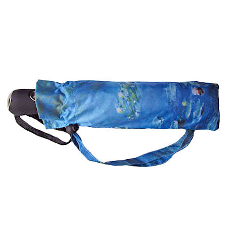 Monet Water Lilies Umbrella shown folded in matching cover.