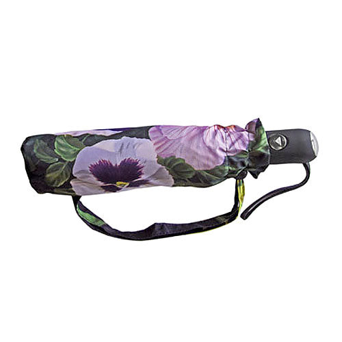 Pansy Flower Umbrella shown folded in matching cover.