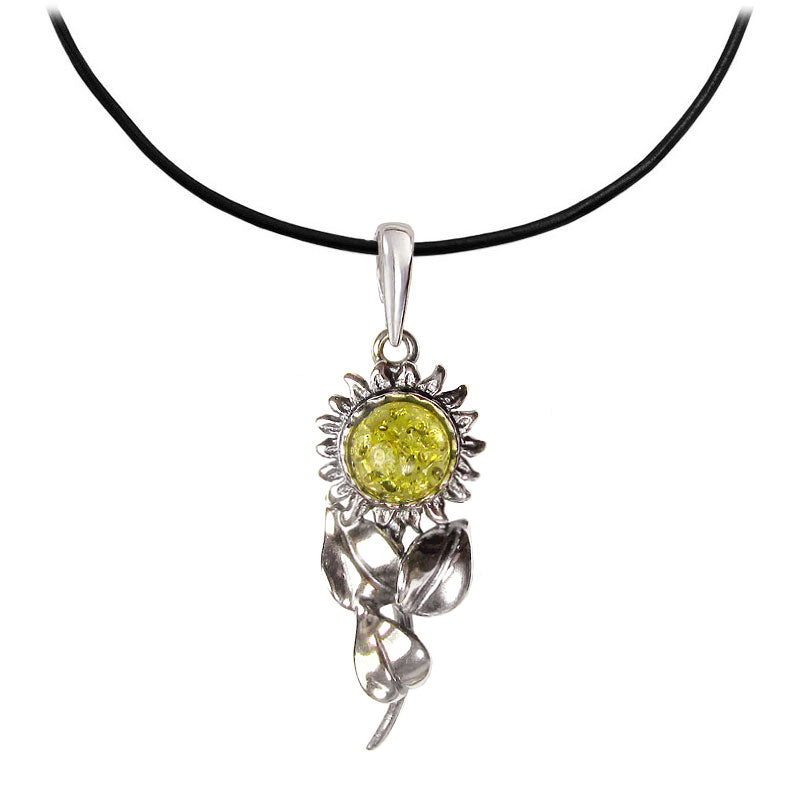 Baltic Amber Sunflower Necklace with Leather Cord