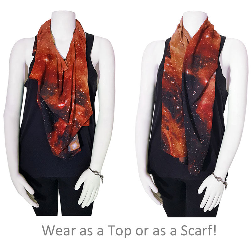 Hubble Print Starry Art Top worn as a scarf 2 different ways.
