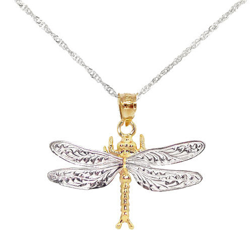 White & Yellow Gold Dragonfly Necklace - White Gold Chain