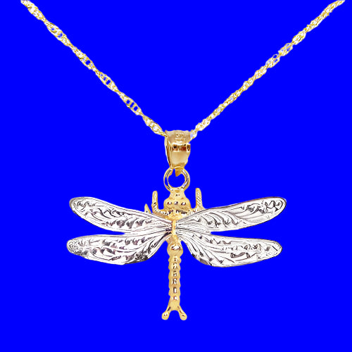 14k White & Yellow Gold Dragonfly Pendant Necklace