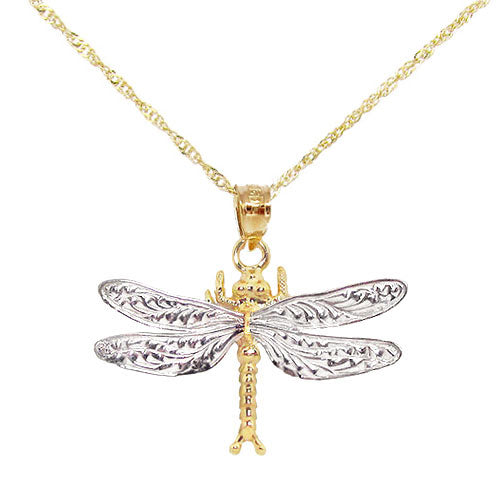 14k White & Yellow Gold Dragonfly Pendant Necklace