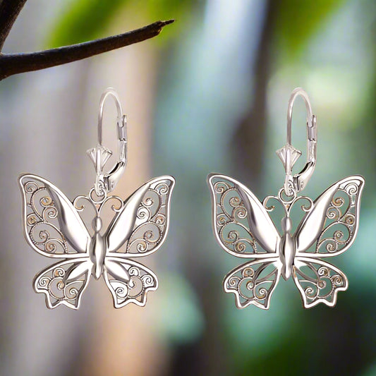 Filigree Polished Silver Butterfly Earrings