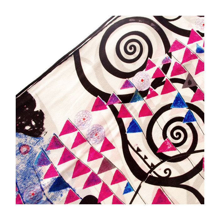 Detail of Klimt Silk Scarf showing hand rolled sewn edges.