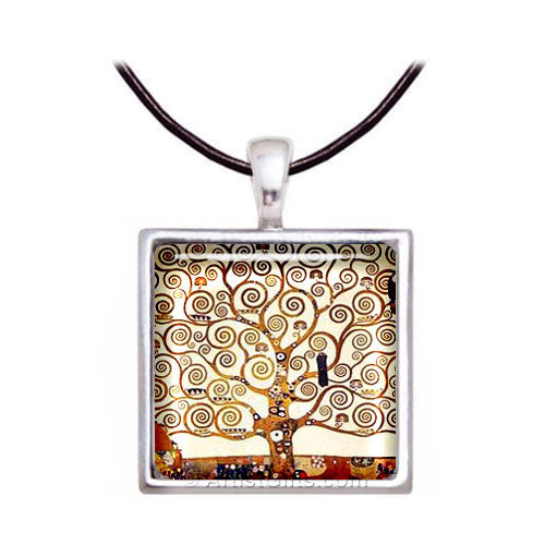 Klimt Tree of Life Art Glass Necklace with Leather Cord