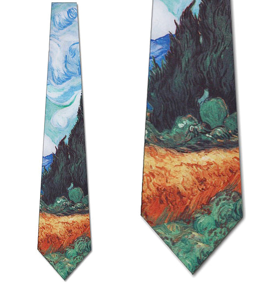 Van Gogh Art Necktie Wheatfield & Cypress - Closeup Views