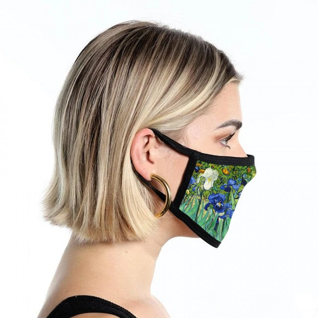 Side of Van Gogh Irises Facemask Shown on Model 