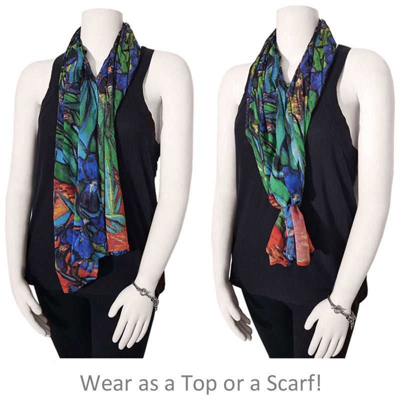 Van Gogh Irises Popover Top worn as an Art Scarf