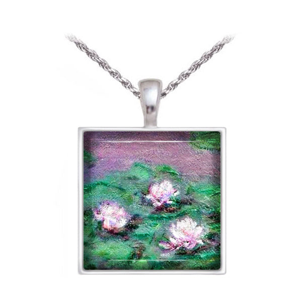 water lily flower necklace Monet Water Lily 1905 Art Glass Necklace Pendant + 20" Leather Cord